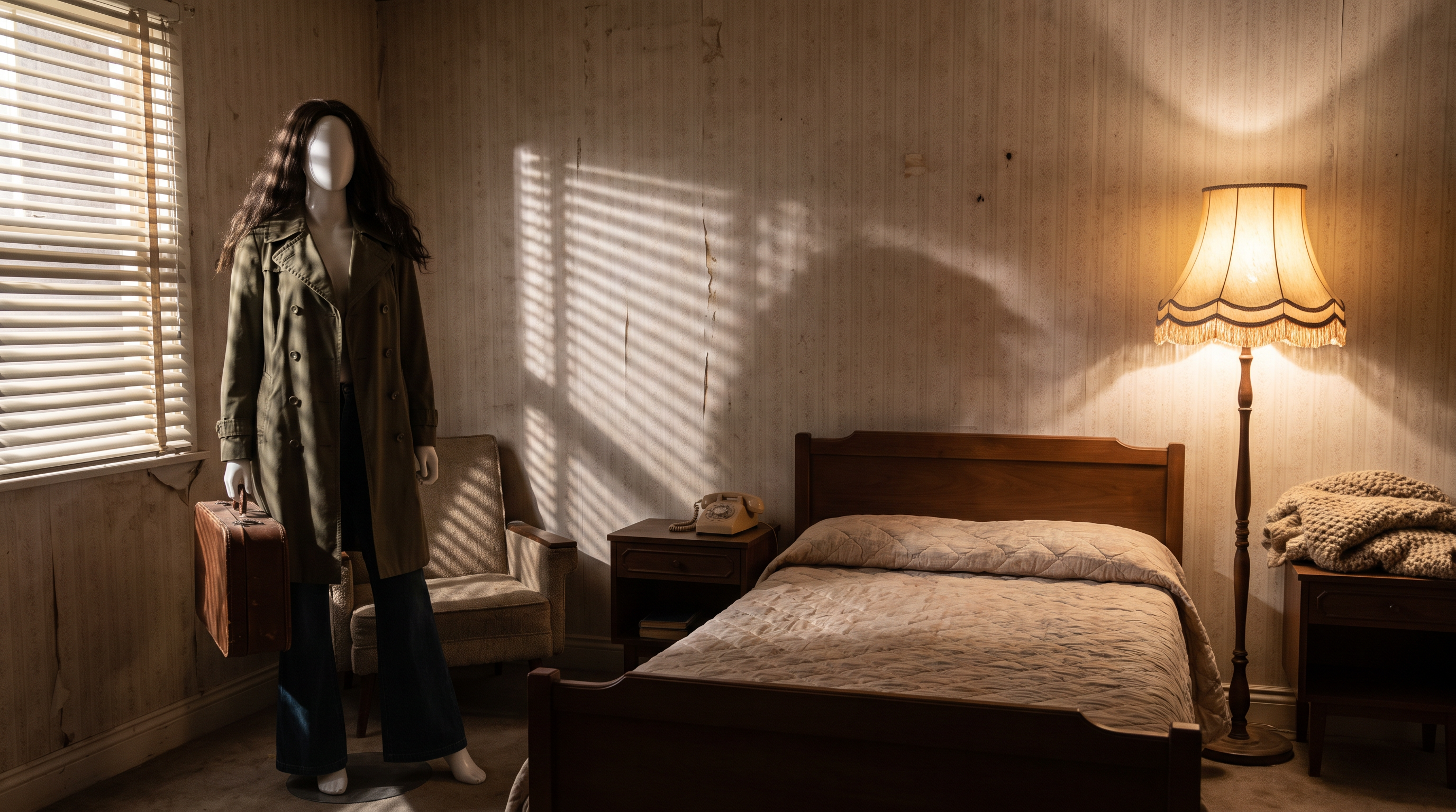 A dimly lit bedroom in the early 1970s with a nostalgic yet 