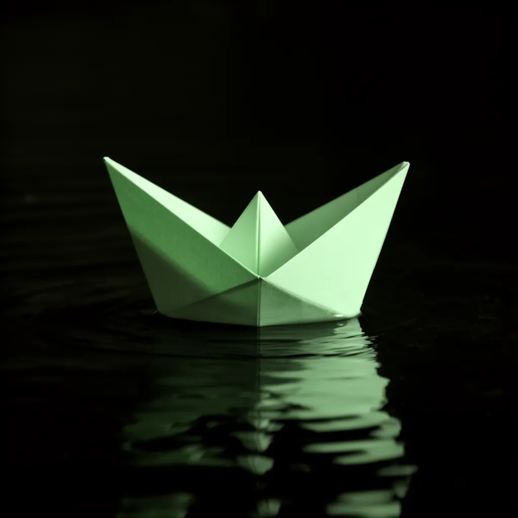 A mint-lit paper boat drifting on black water, one hard side