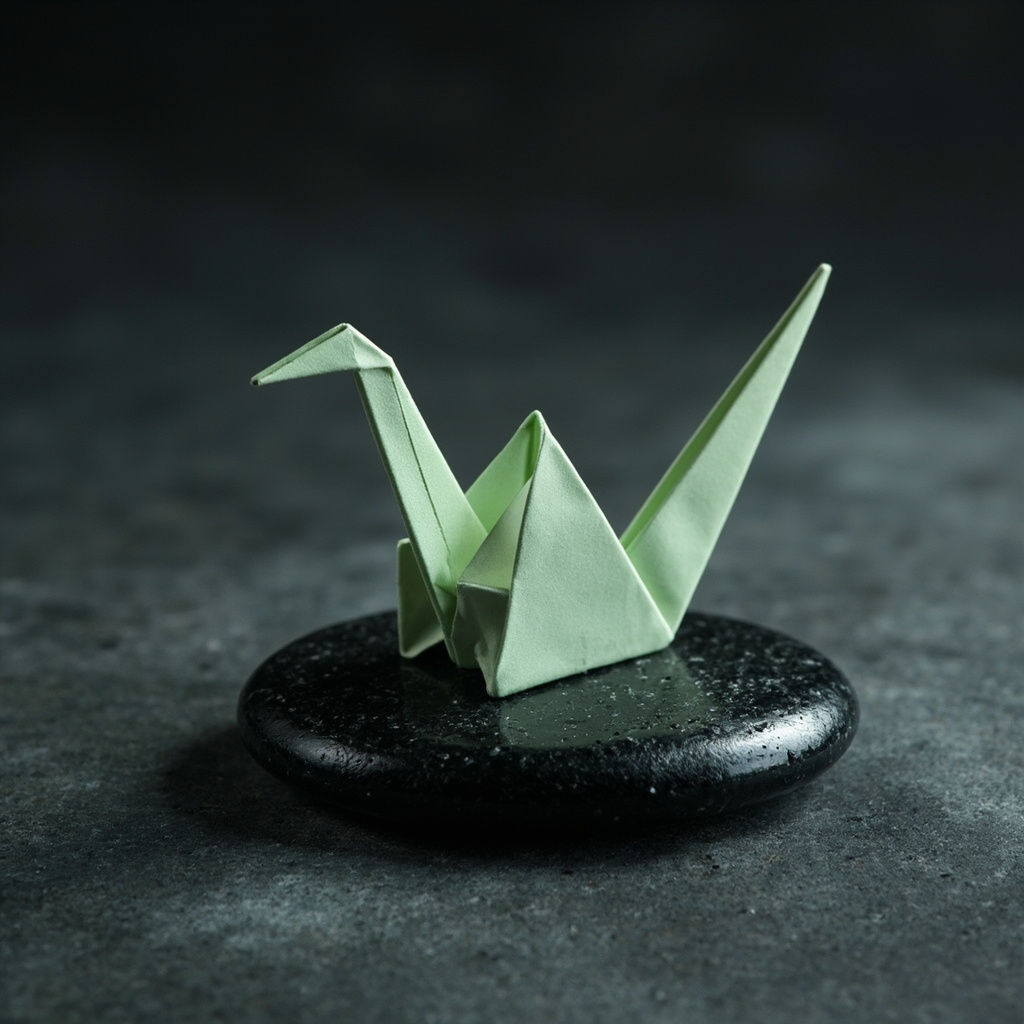 A single mint origami crane on wet charcoal stone, one hard 